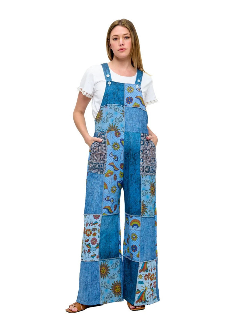 26882 | Yak & Yeti Boho Celestial Mushroom Patchwork Overalls | Sizes S/M-L/XL